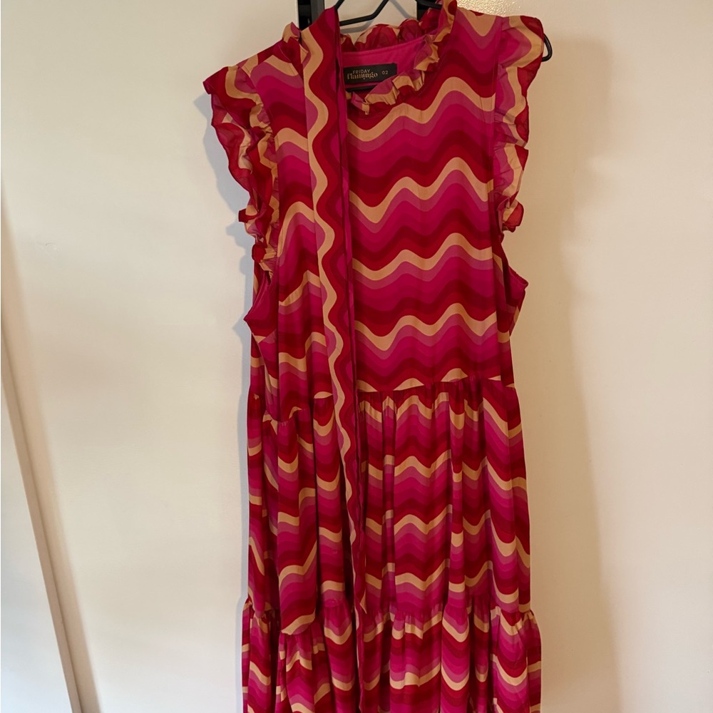 Friday Flamingo Wavy Stripe Midi Dress in Pink, Red and Gold
